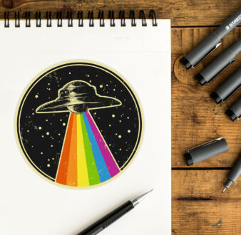 A sticker of an vintage-style UFO with a rainbow tractor beam