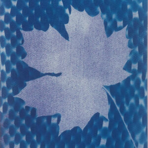 Maple leaf in mottled light purple, against blue and white background.