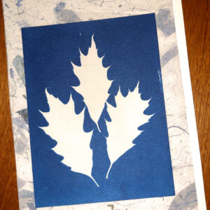 3 oak leaves in white on blue background, layered over pale blue mulbery paper with darker blue mango leaf pieces
