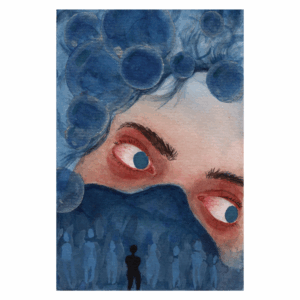 Closeup of a face wearing a blue N95 respirator with blank eyes looking to the side. Blue bubbles, accentuated with metallic silver frame the face. A shadowey community is silhouetted against the mask