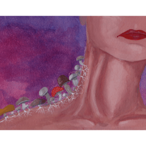 A persons lower face, neck, and shoulders are in frame against a purple background. Their red lips frown as different kinds of mushrooms sink mycellia into their trapezius.