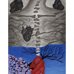 This piece is split between a saturated and desaturated portion. The grey side depicts rocks weighing down a cracked collarbone, a small heart, floating vertebrae (one of which is screaming), and a nerwork of blood vessels. It's connected to a brightly colored section below that depicts a larger red heart on a vibrant blue background with cherry blossoms growing out of it