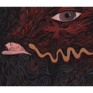 A person sleeps, their hair blending into abstract swirls filling the piece. A snake, a human eye, and a fish peer through the curtain. "Hidden" in the swirls are feathers and the chemical formula for histamine.