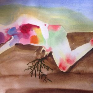 A human body is partially submerged in earth, radiating colors from within and sprouting a root