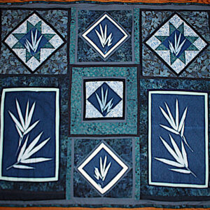 Cyanotyped Bamboo Fronds with Batik Fabrics, Throw-Sized Quilt